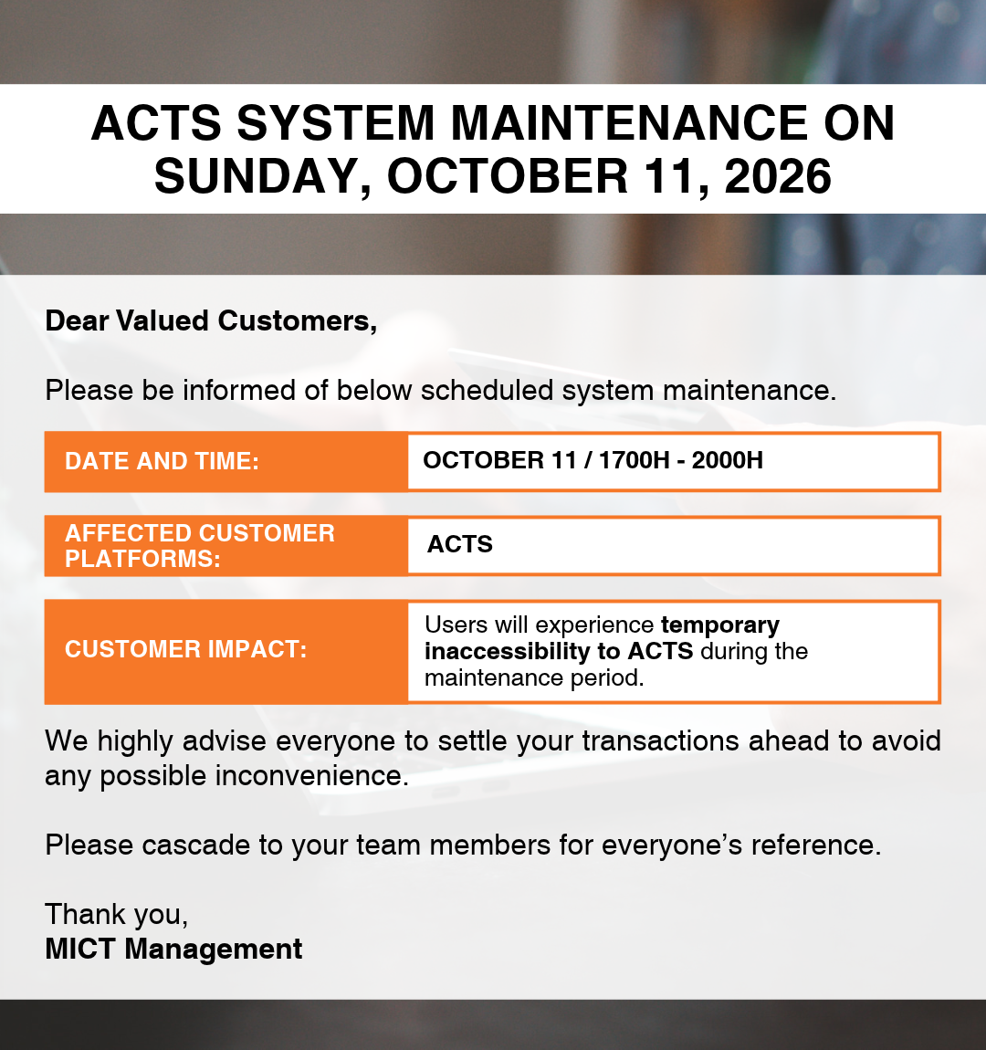 Advisory ACTS System Maintenance on Sunday, October 11, 2026